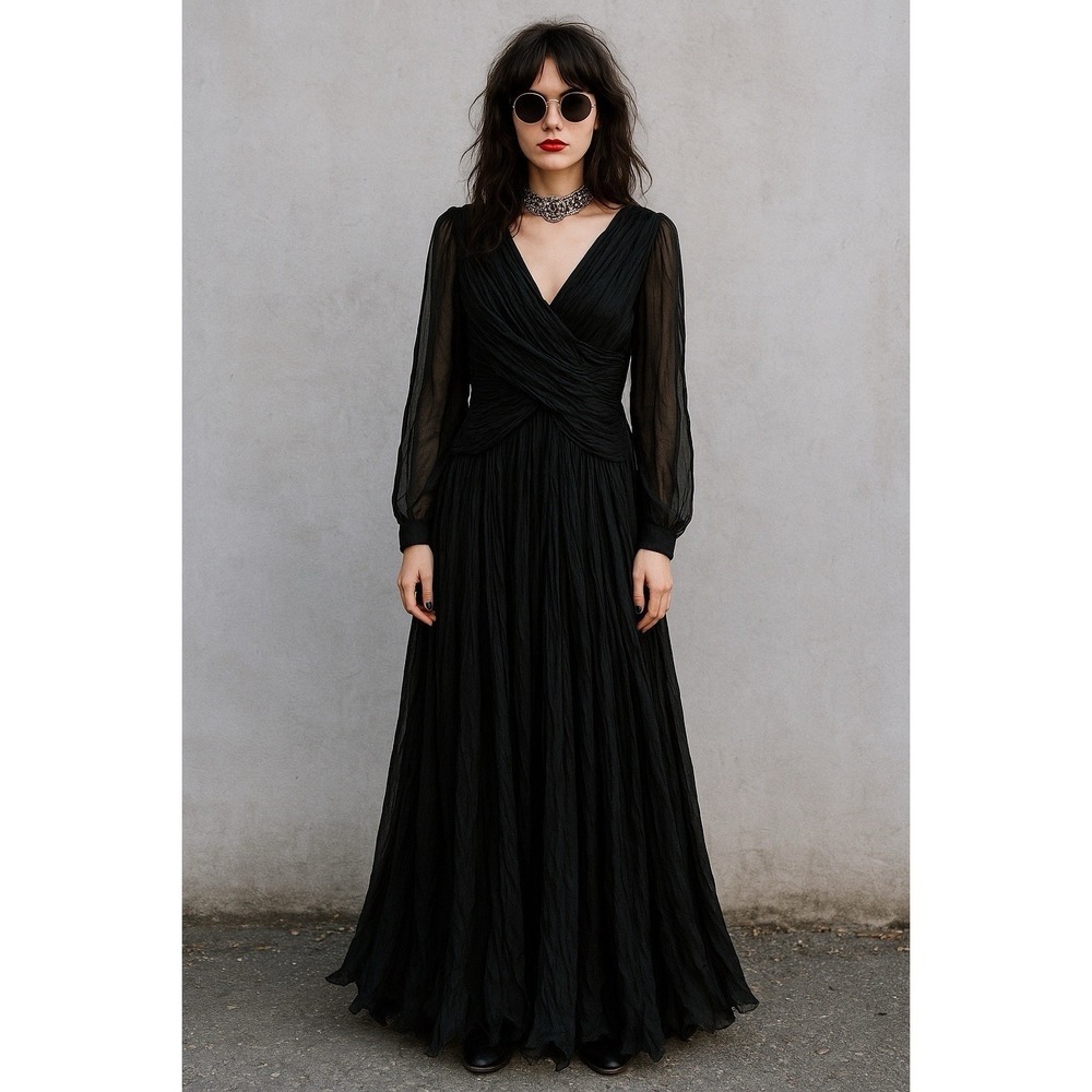 Vintage Richilene Whimsigoth Maxi Dress Gown Size M Black Ethereal Formal